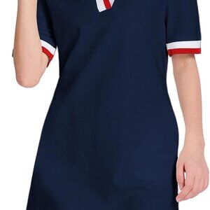 Navy V-Neck Polo Dress for Women, Casual Mini Fit, Short Sleeve, Contrast Detail